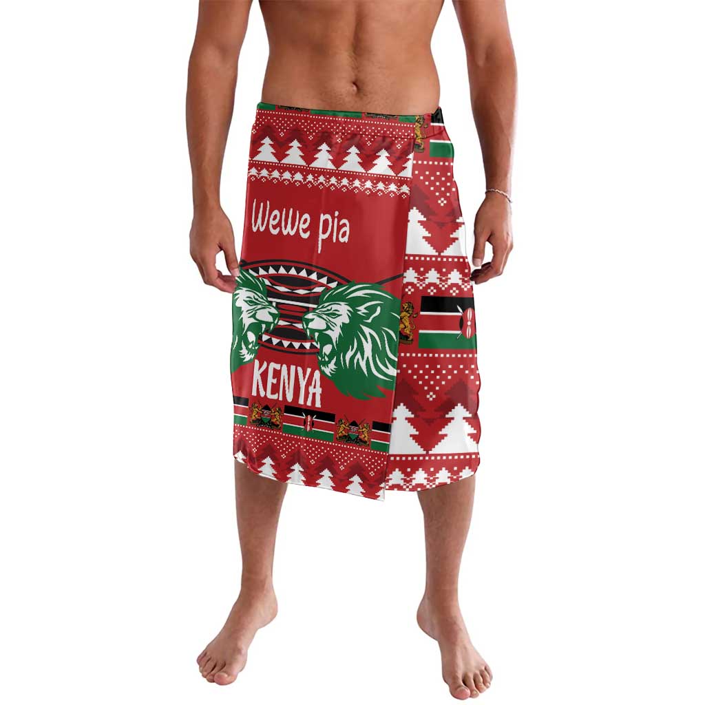 Red Christmas lavalava with lion graphic, Kenya text, and green trim