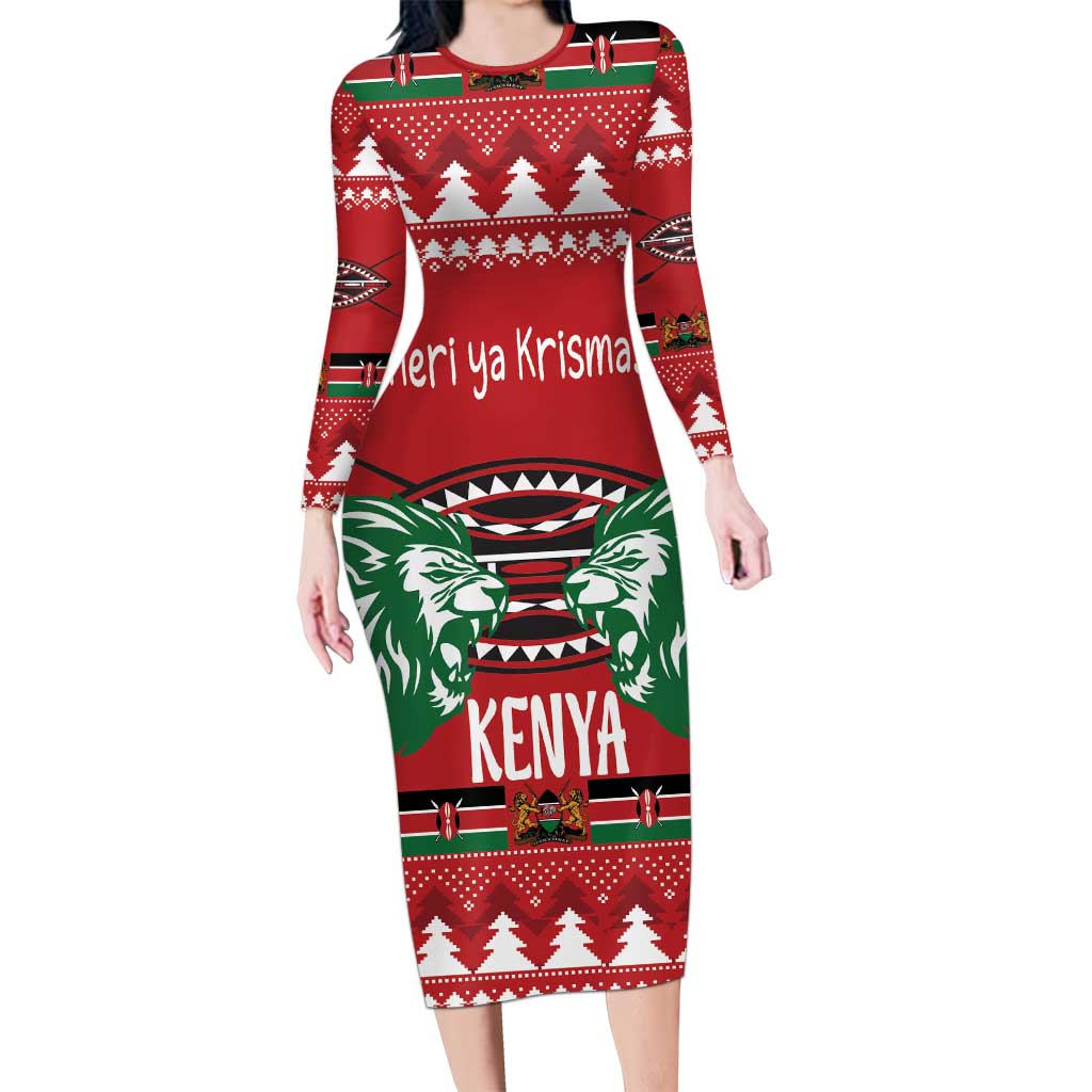 Kenya Christmas Lion Long Sleeve Bodycon Dress Heri ya Krismasi - Wewe pia - Wonder Print Shop