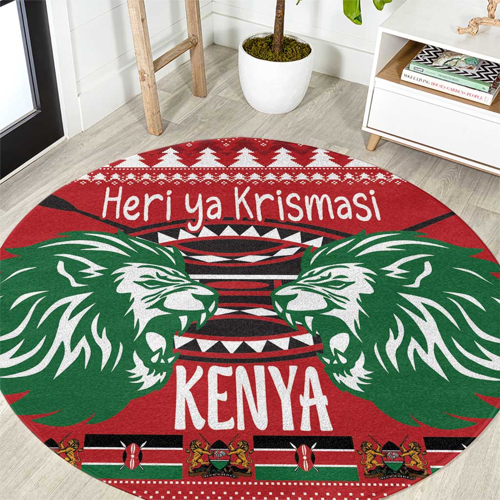 Red round Christmas carpet with green lion faces and text 'Heri ya Krismasi' 'KENYA'.