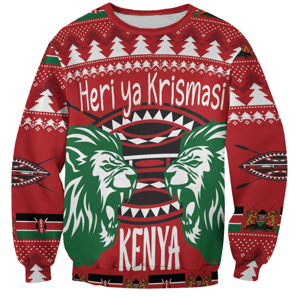 Red unisex Christmas sweatshirt with lion graphic and 'Heri ya Krismasi' text