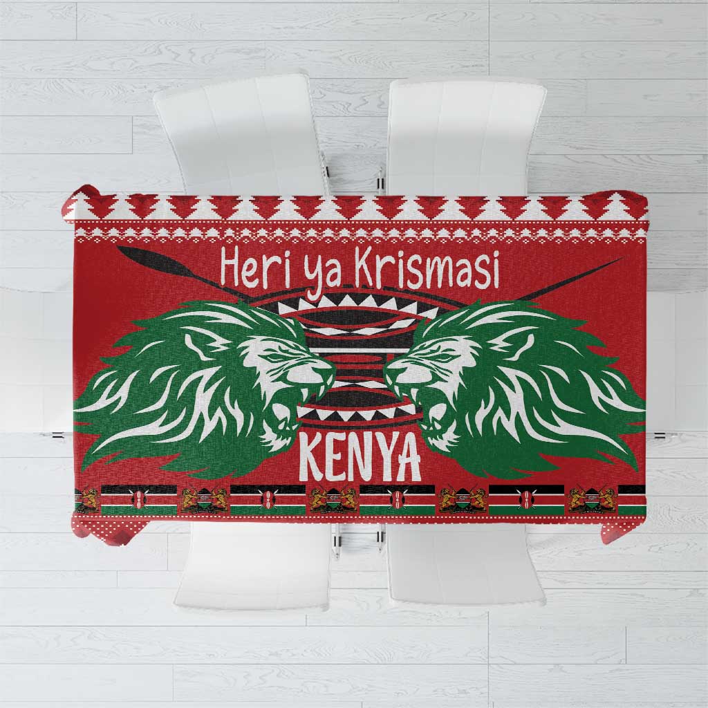 Red Kenya Christmas lion tablecloth with green lion heads and “Heri ya Krismasi” text