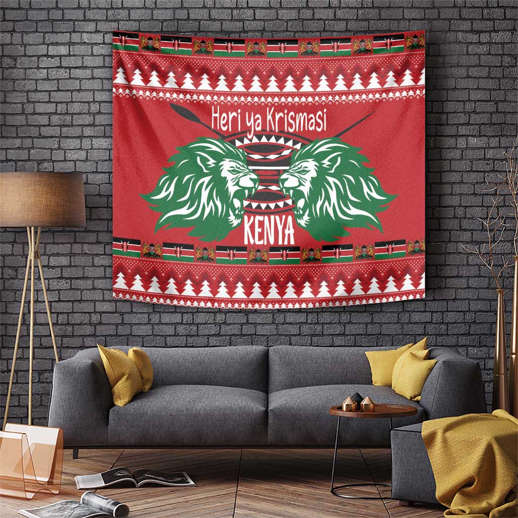 Red Kenya Christmas lion tapestry with green lion heads and festive border design