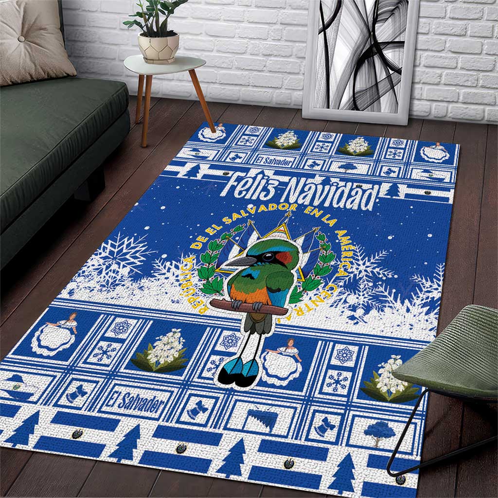 Blue Christmas area rug with cartoon bird and El Salvador-themed tiled design