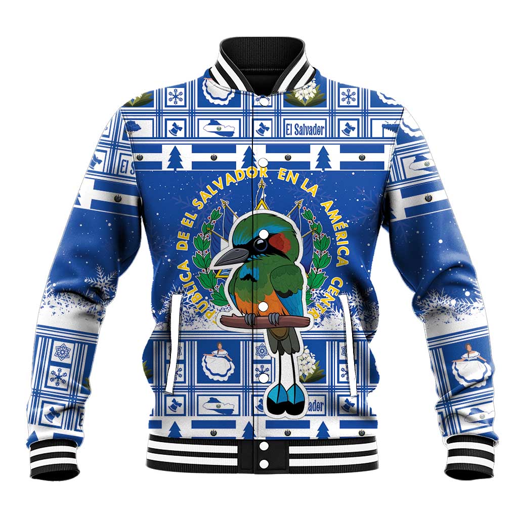 Unisex blue baseball jacket with white ribbed trim, El Salvador cartoon crest design