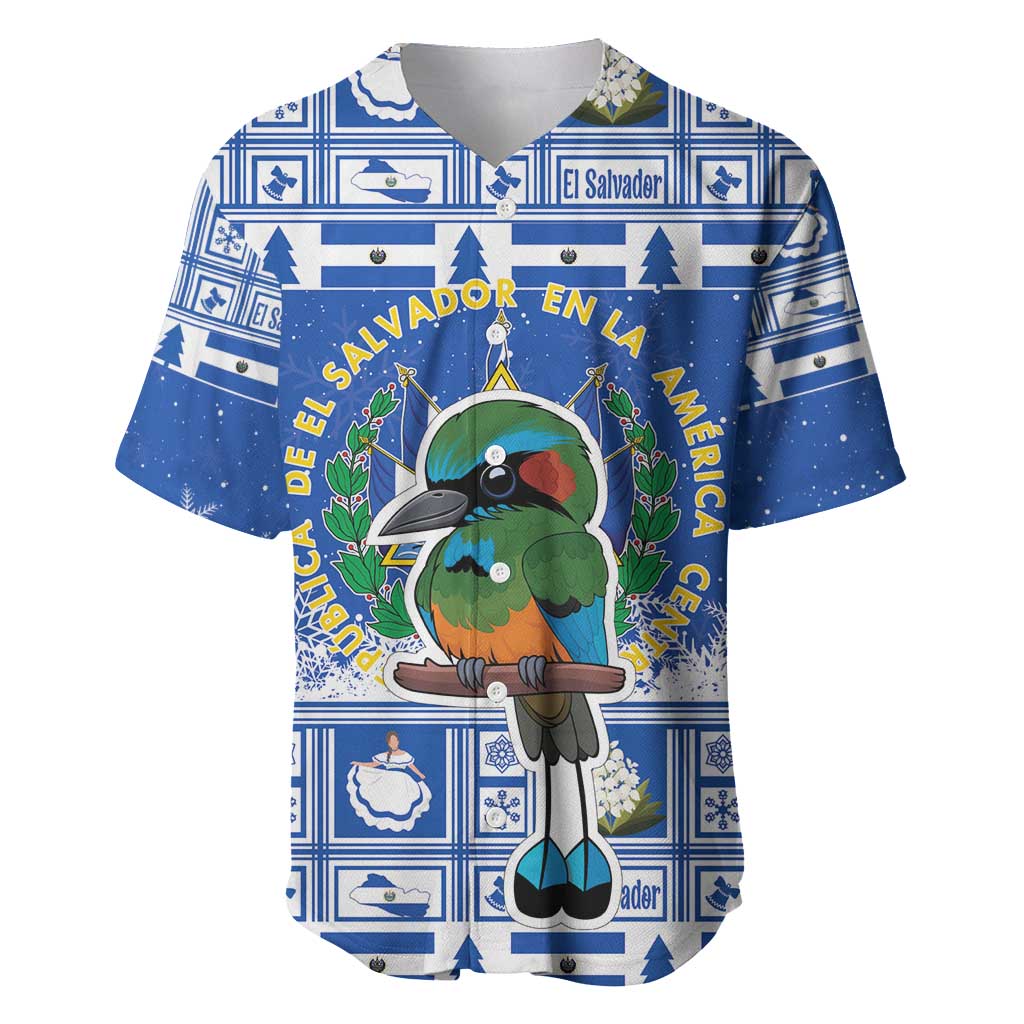 Blue Christmas baseball jersey with toucan graphic and El Salvador crest