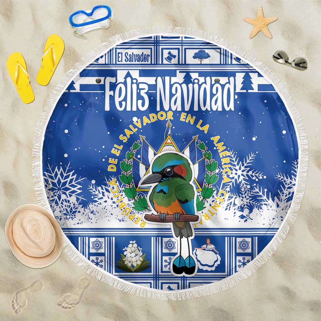 Blue round Christmas beach blanket with white fringe, cartoon bird and festive lettering.