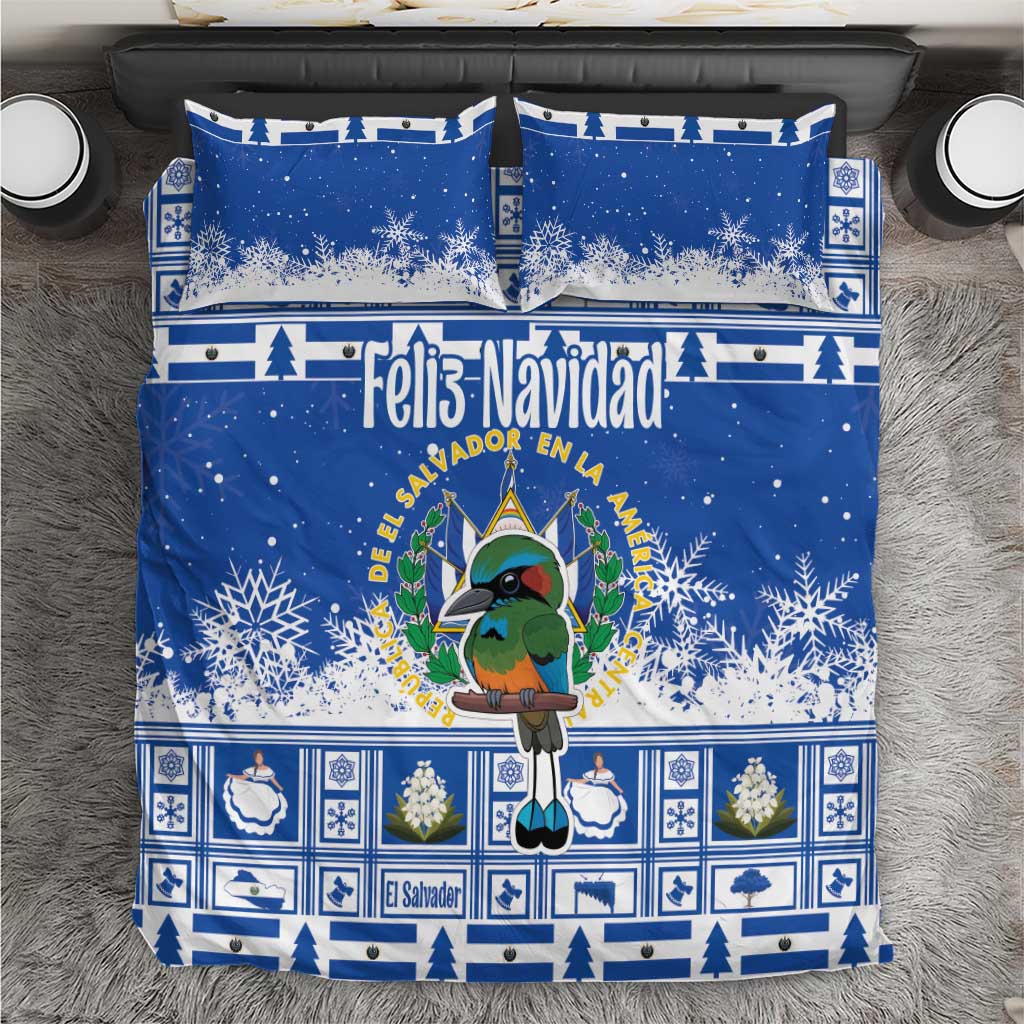 Blue Christmas duvet cover bedding set with snowflake pattern, bird cartoon, and decorative borders