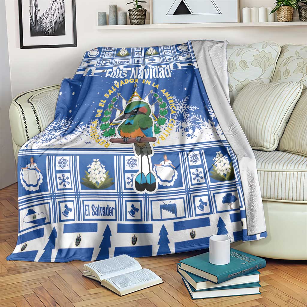 Blue Christmas blanket with bird cartoon, coat-of-arms emblem, snowflake accents