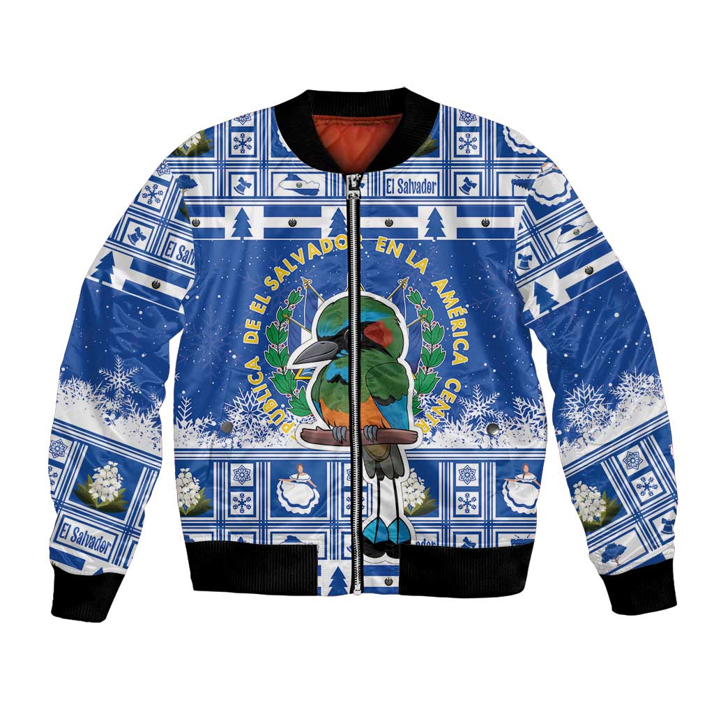 Blue bomber jacket with front zipper, ribbed cuffs, and cartoon coat-of-arms graphic