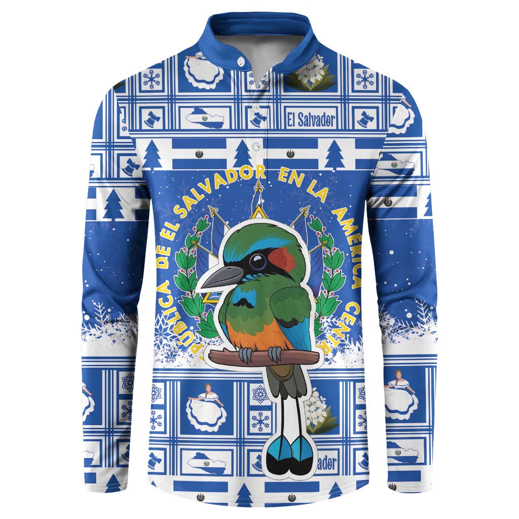 Blue button sweatshirt with cartoon bird graphic and colorful El Salvador themed pattern