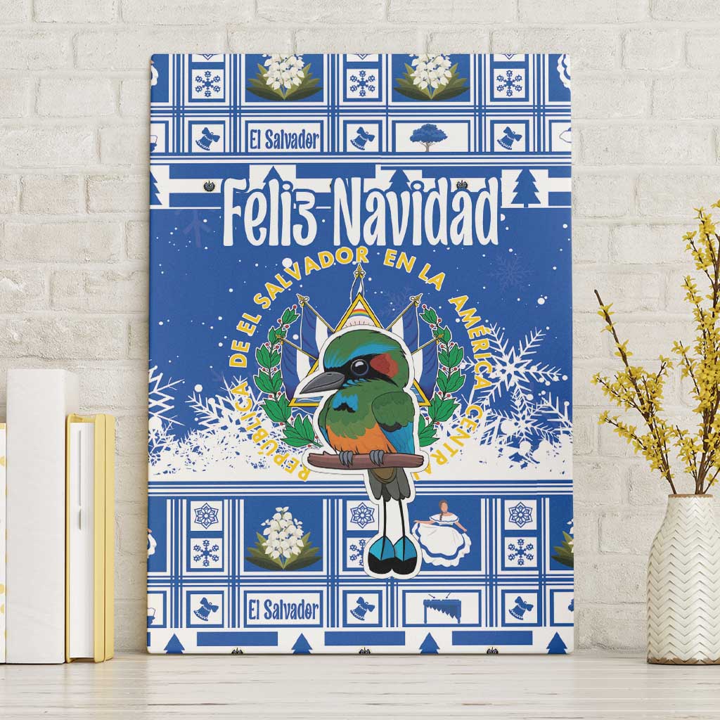 Blue Feliz Navidad canvas wall art with cartoon bird and patterned borders