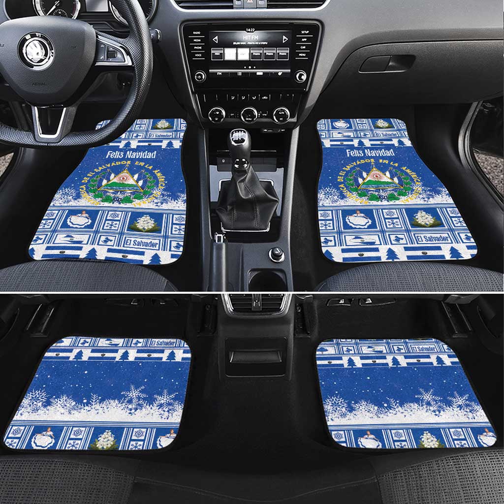 Blue Christmas car floor mats with Torogoz coat of arms, snowflake pattern and Feliz Navidad