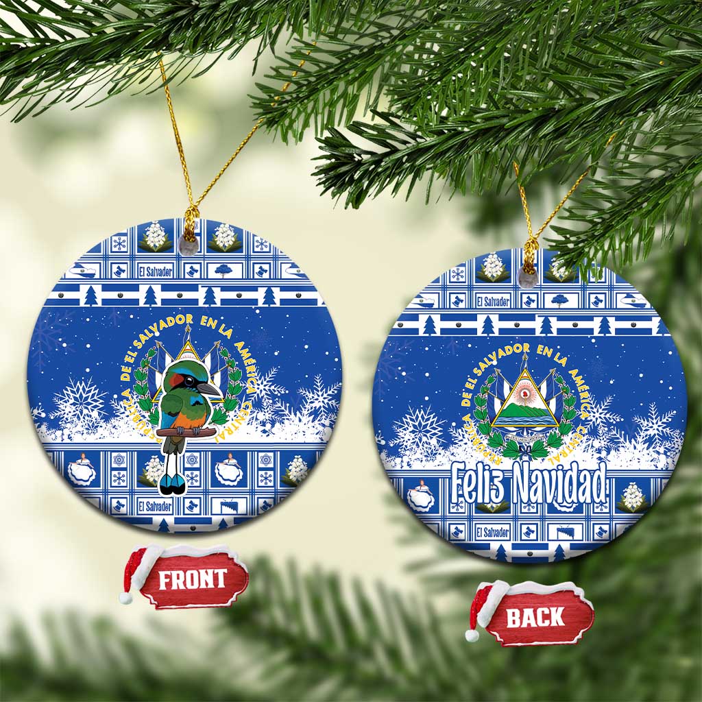 Blue round ceramic Christmas ornament with torogoz bird and Salvador coat of arms