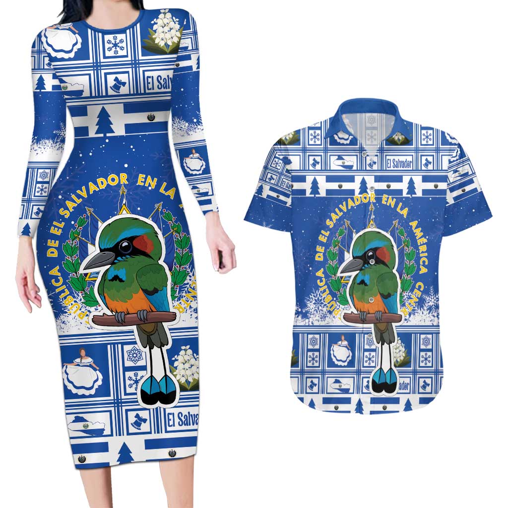 El Salvador Christmas Couples Matching Long Sleeve Bodycon Dress and Hawaiian Shirt The Torogoz Cartoon With Coat Of Arms - Wonder Print Shop