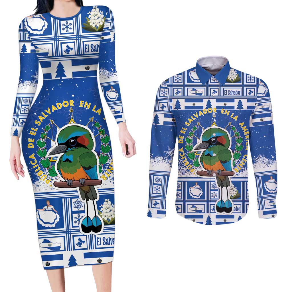 El Salvador Christmas Couples Matching Long Sleeve Bodycon Dress and Long Sleeve Button Shirt The Torogoz Cartoon With Coat Of Arms - Wonder Print Shop