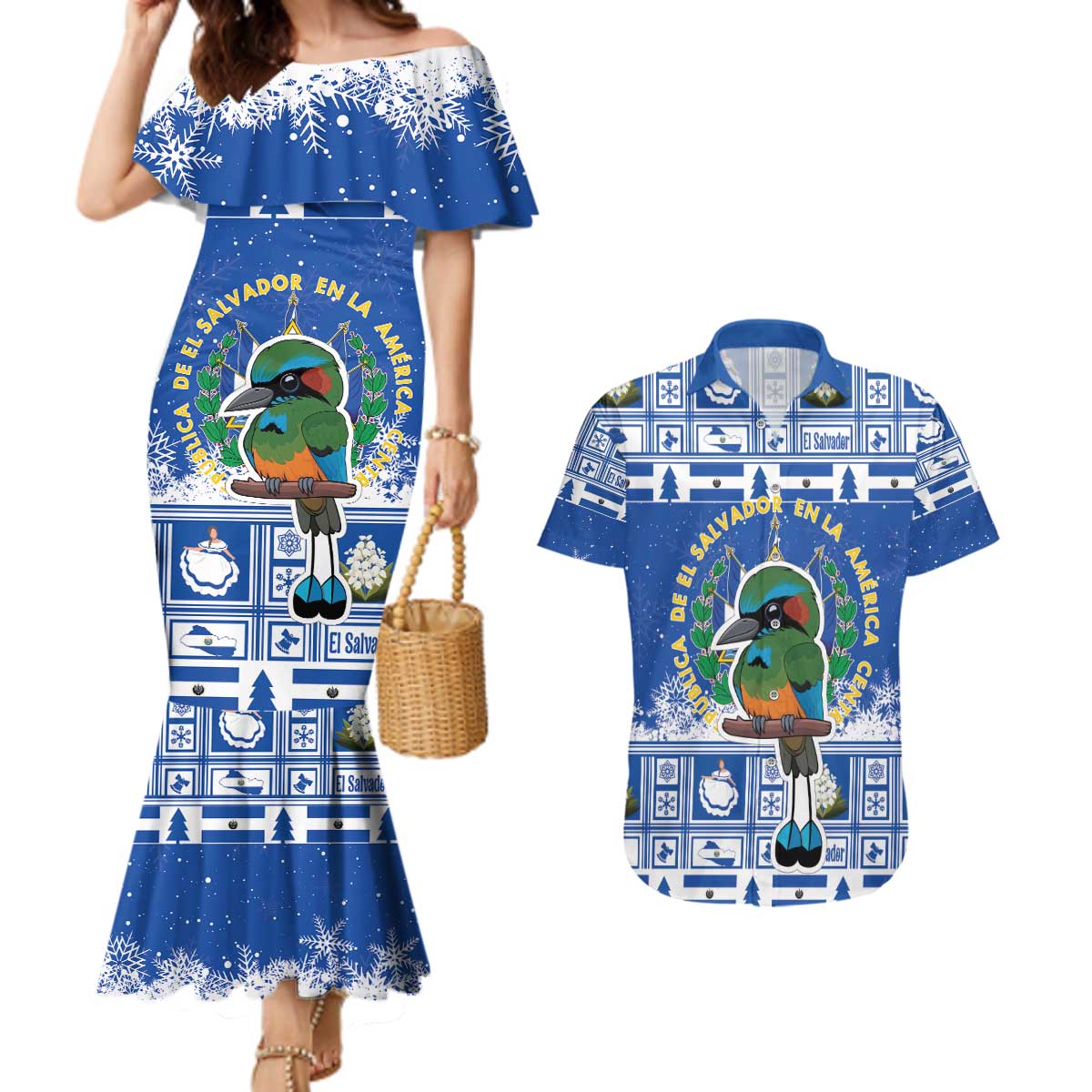 El Salvador Christmas Couples Matching Mermaid Dress and Hawaiian Shirt The Torogoz Cartoon With Coat Of Arms - Wonder Print Shop