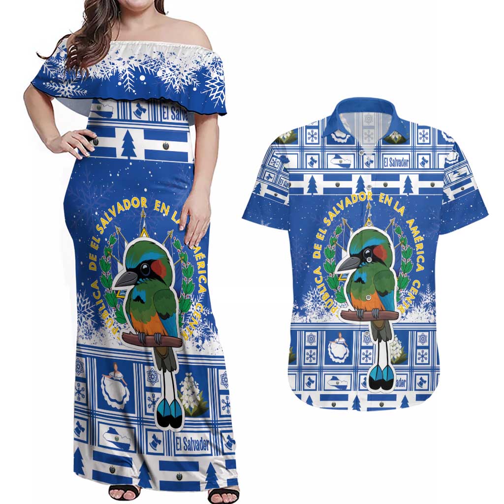 El Salvador Christmas Couples Matching Off Shoulder Maxi Dress and Hawaiian Shirt The Torogoz Cartoon With Coat Of Arms - Wonder Print Shop