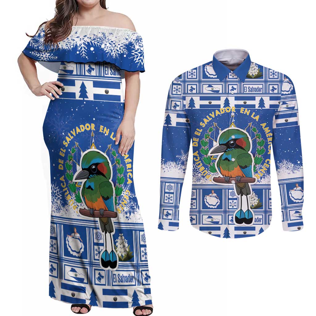 El Salvador Christmas Couples Matching Off Shoulder Maxi Dress and Long Sleeve Button Shirt The Torogoz Cartoon With Coat Of Arms - Wonder Print Shop