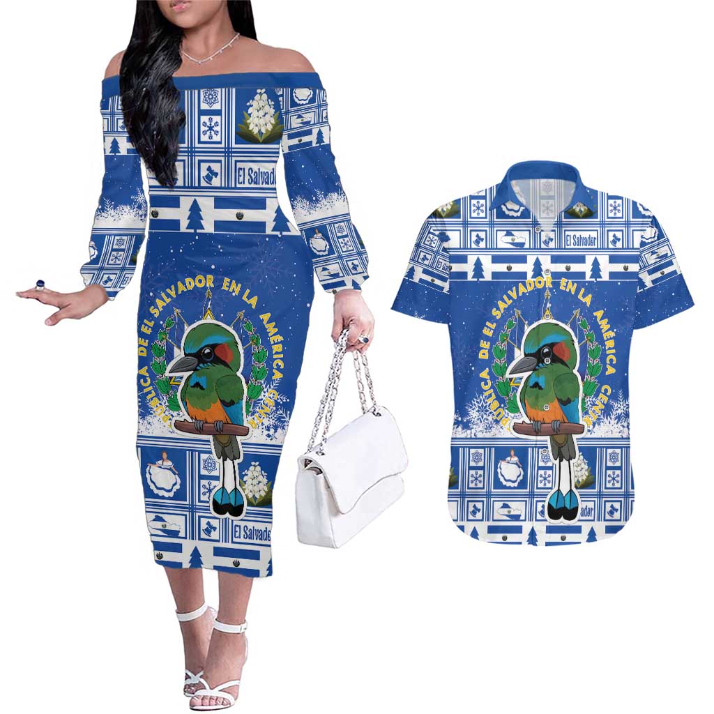 El Salvador Christmas Couples Matching Off The Shoulder Long Sleeve Dress and Hawaiian Shirt The Torogoz Cartoon With Coat Of Arms - Wonder Print Shop