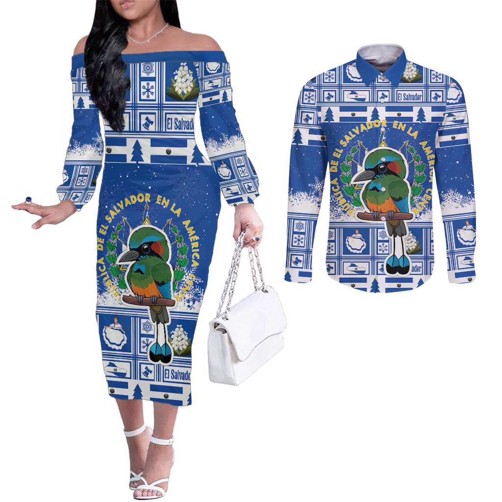 El Salvador Christmas Couples Matching Off The Shoulder Long Sleeve Dress and Long Sleeve Button Shirt The Torogoz Cartoon With Coat Of Arms