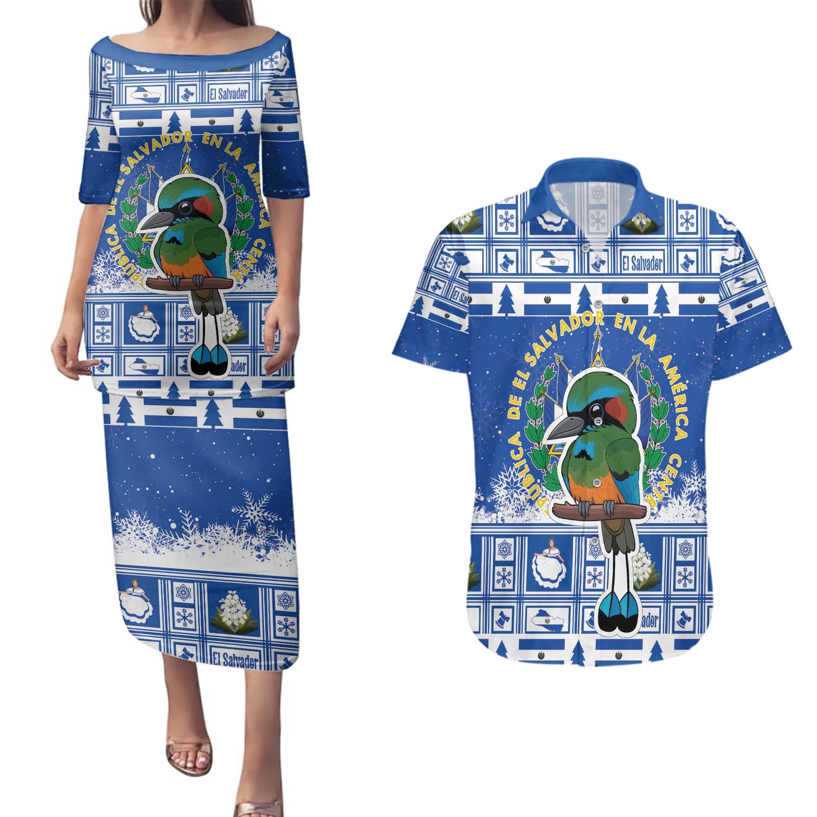 El Salvador Christmas Couples Matching Puletasi and Hawaiian Shirt The Torogoz Cartoon With Coat Of Arms - Wonder Print Shop