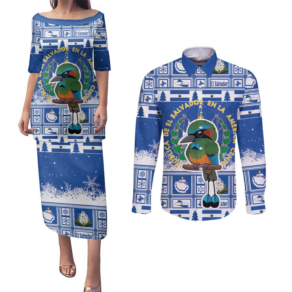 El Salvador Christmas Couples Matching Puletasi and Long Sleeve Button Shirt The Torogoz Cartoon With Coat Of Arms - Wonder Print Shop