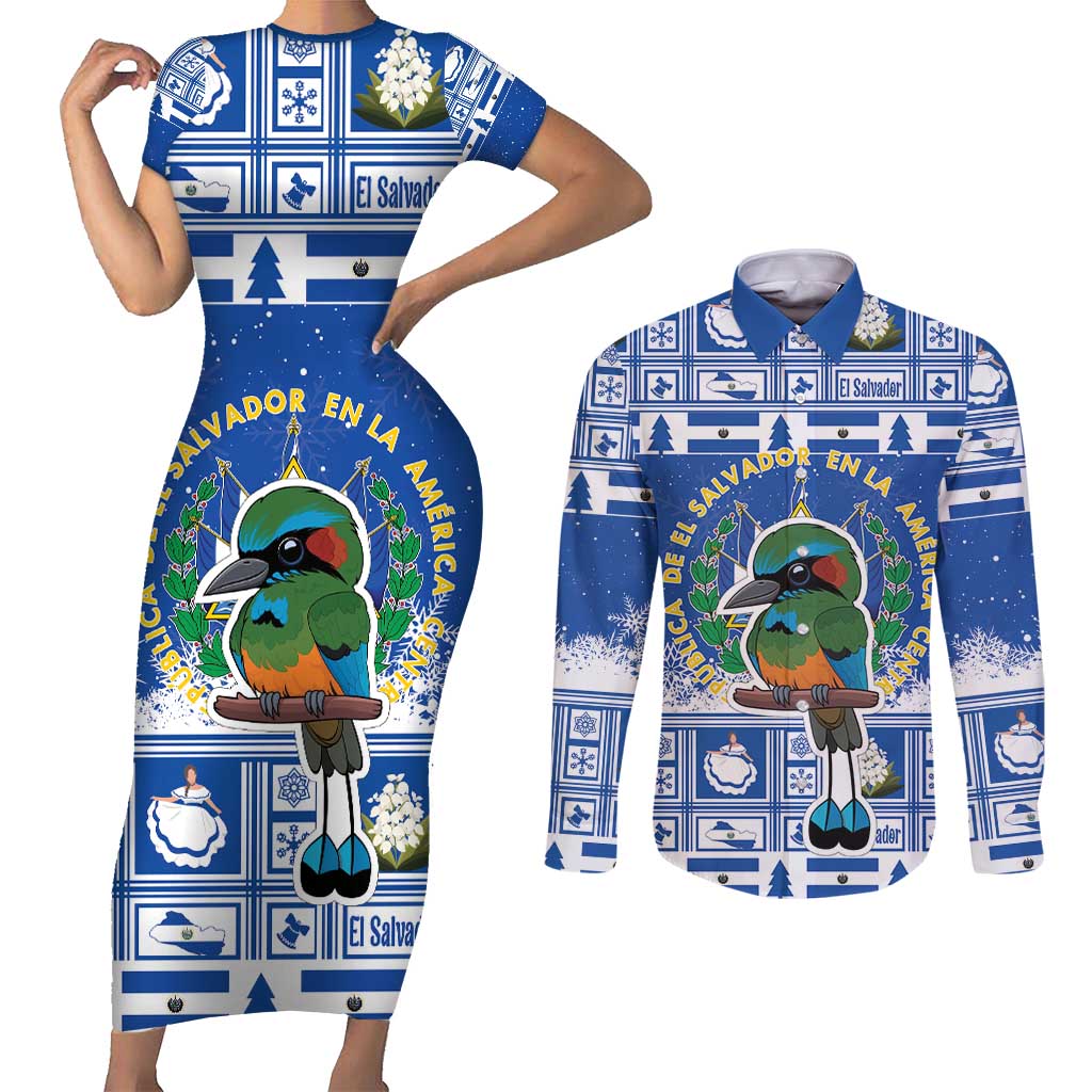 El Salvador Christmas Couples Matching Short Sleeve Bodycon Dress and Long Sleeve Button Shirt The Torogoz Cartoon With Coat Of Arms - Wonder Print Shop