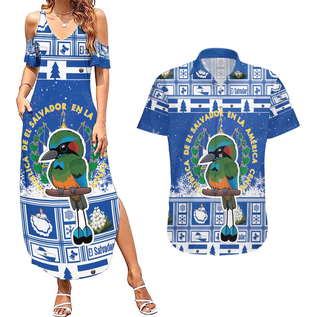 El Salvador Christmas Couples Matching Summer Maxi Dress and Hawaiian Shirt The Torogoz Cartoon With Coat Of Arms - Wonder Print Shop