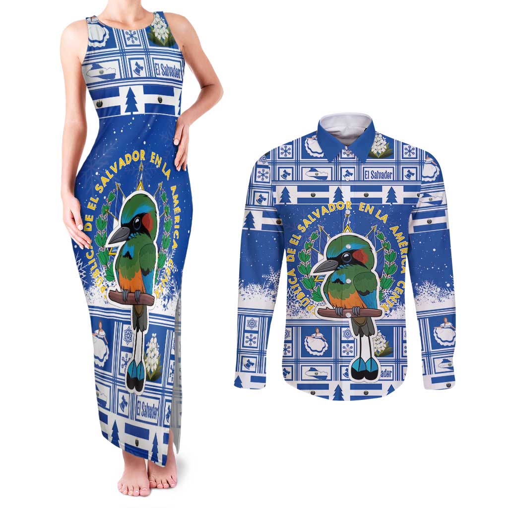 El Salvador Christmas Couples Matching Tank Maxi Dress and Long Sleeve Button Shirt The Torogoz Cartoon With Coat Of Arms - Wonder Print Shop