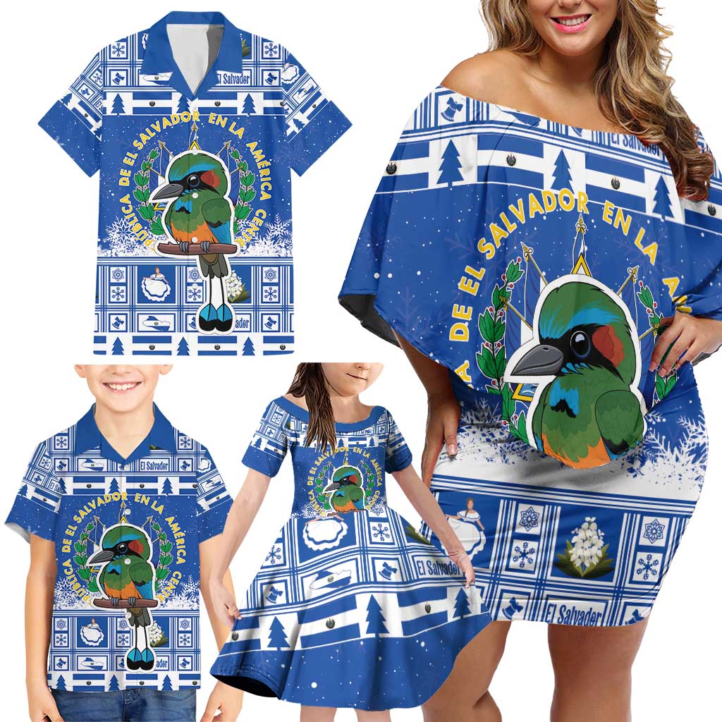 El Salvador Christmas Family Matching Off Shoulder Short Dress and Hawaiian Shirt The Torogoz Cartoon With Coat Of Arms - Wonder Print Shop