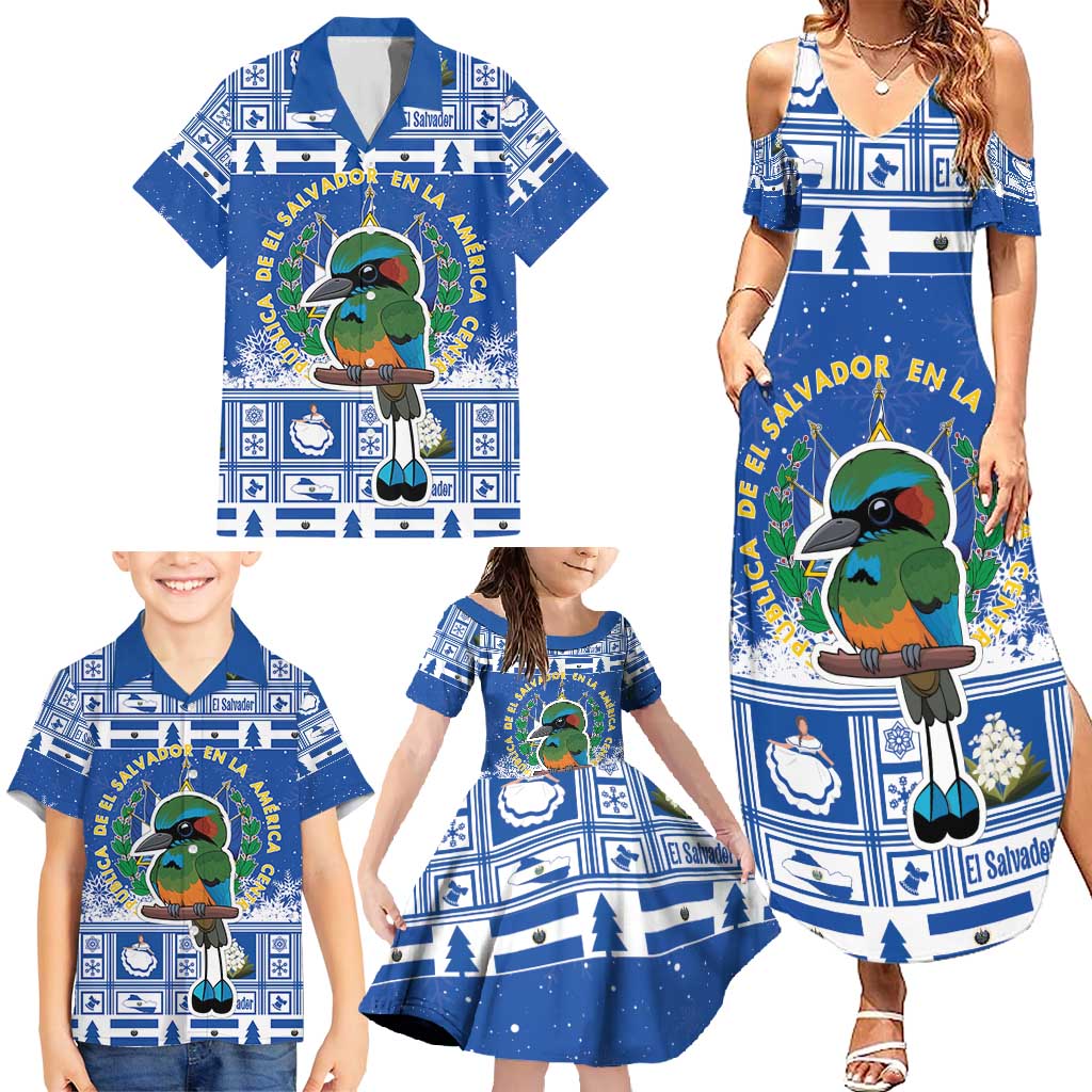 El Salvador Christmas Family Matching Summer Maxi Dress and Hawaiian Shirt The Torogoz Cartoon With Coat Of Arms - Wonder Print Shop