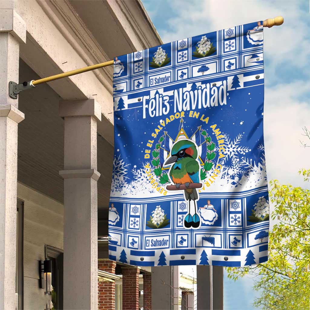Blue Christmas garden flag with cartoon bird, coat of arms, and Feliz Navidad text