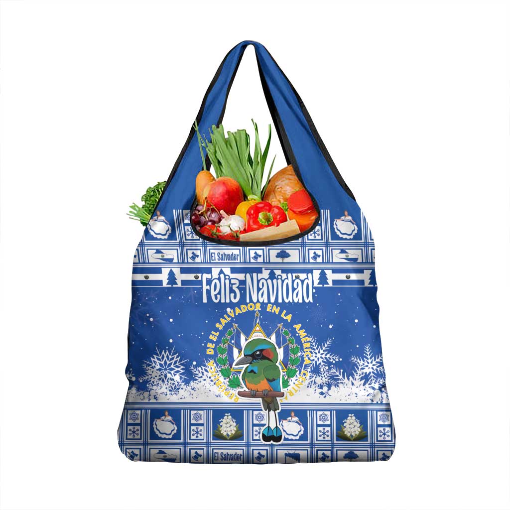 Blue Christmas grocery tote bag with colorful produce graphic and festive pattern front