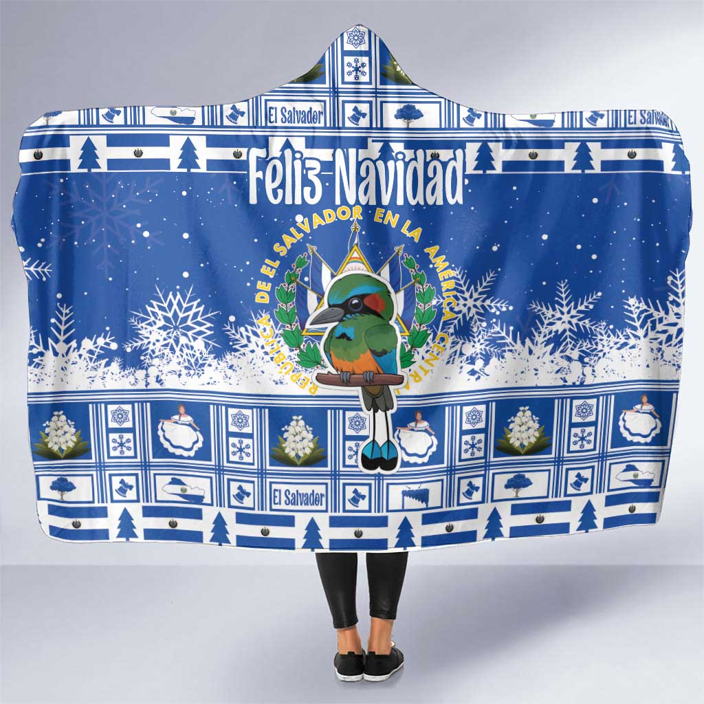 Blue hooded blanket with white snowflake pattern and “Feliz Navidad” cartoon bird