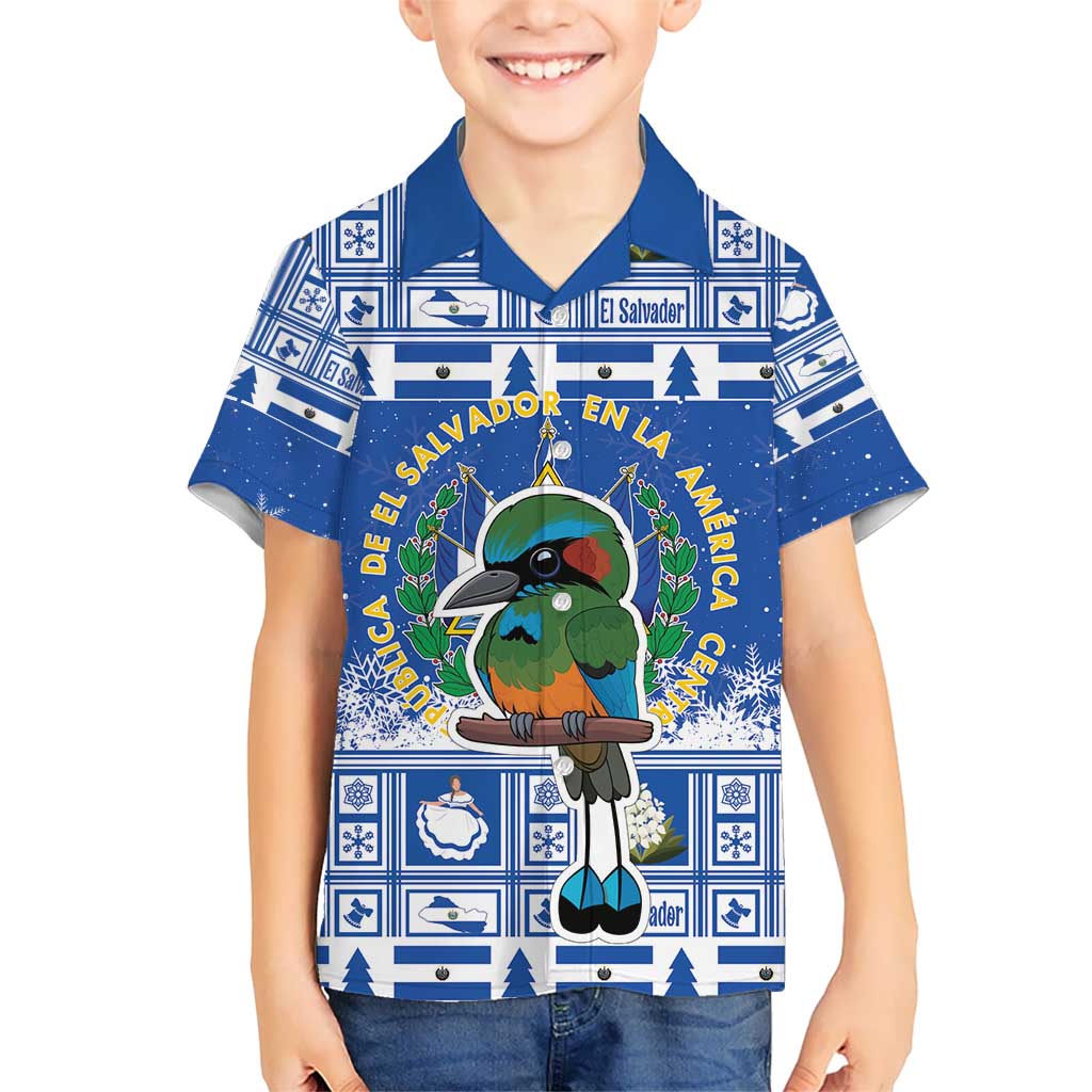 El Salvador Christmas Kid Hawaiian Shirt The Torogoz Cartoon With Coat Of Arms - Wonder Print Shop