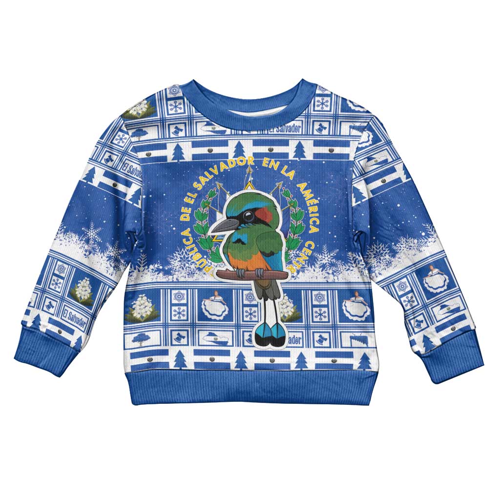 Kids' blue ugly Christmas sweater with bird graphic and winter pattern