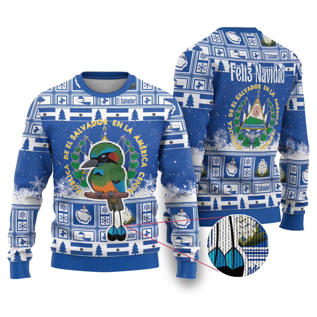 Blue ugly Christmas sweater with parrot graphic and El Salvador coat of arms pattern