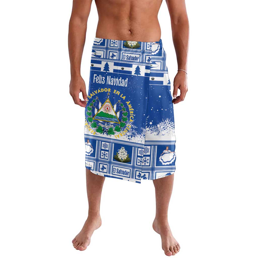 Blue Christmas lavalava sarong with coat-of-arms cartoon and snowy holiday print.