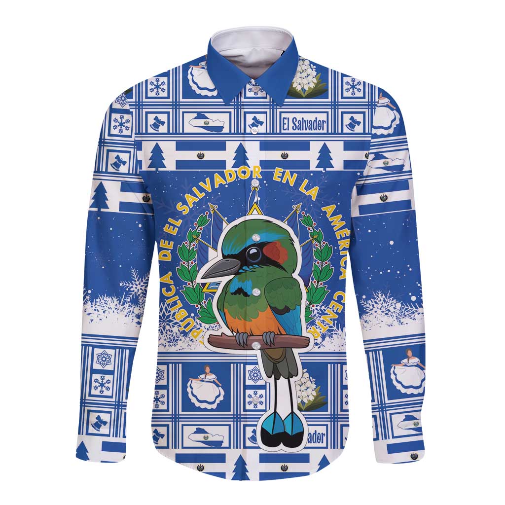 Blue Christmas long-sleeve button shirt with cartoon bird and coat of arms graphic