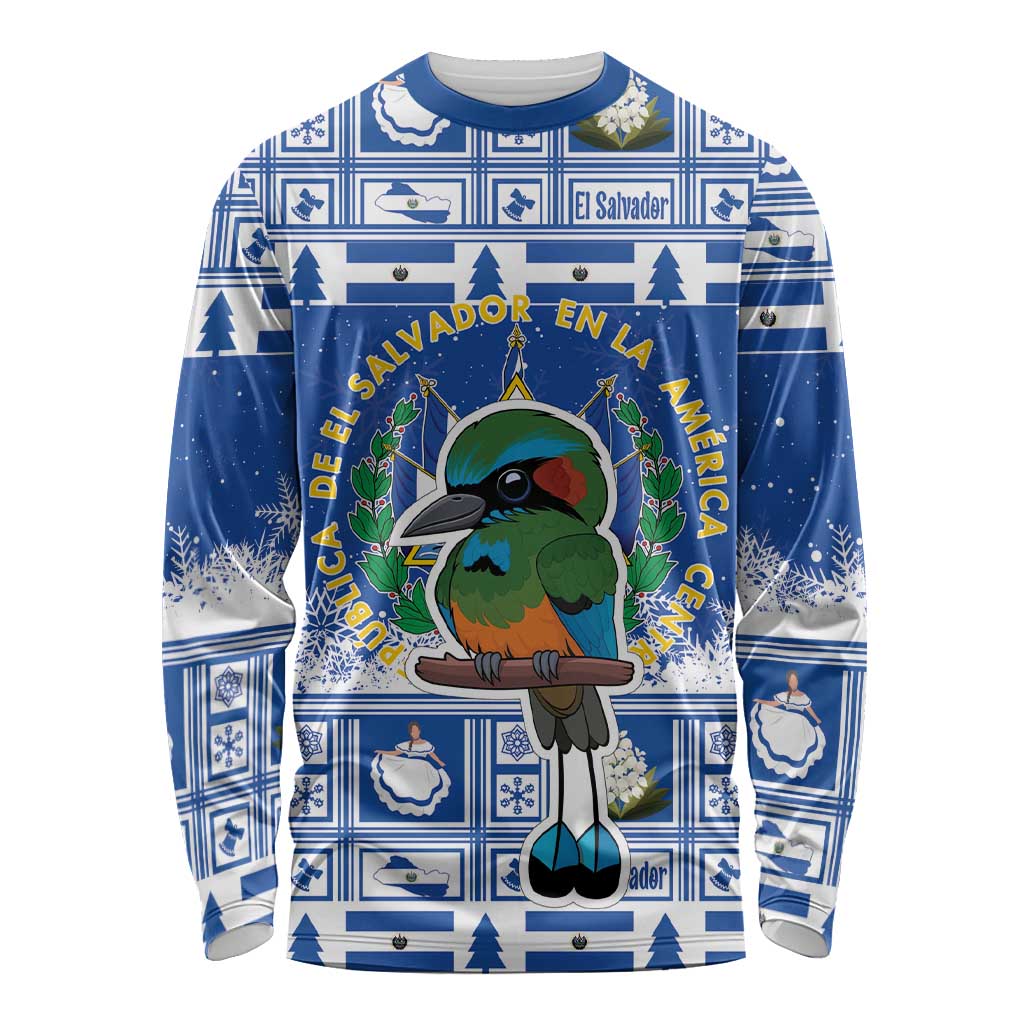 Blue long-sleeve Christmas shirt with cartoon bird and Salvador coat of arms