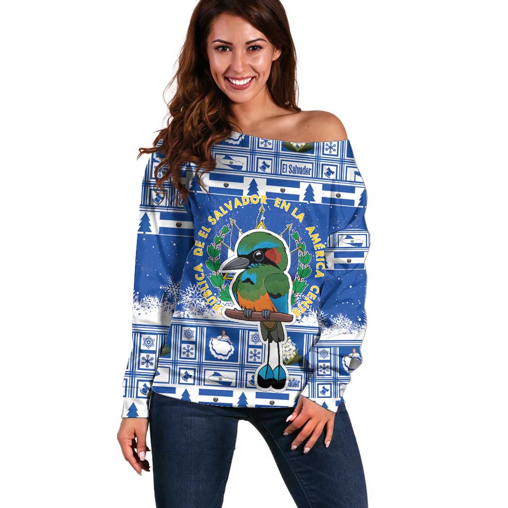 Blue off-shoulder Christmas sweater with festive bird and Salvador map graphic