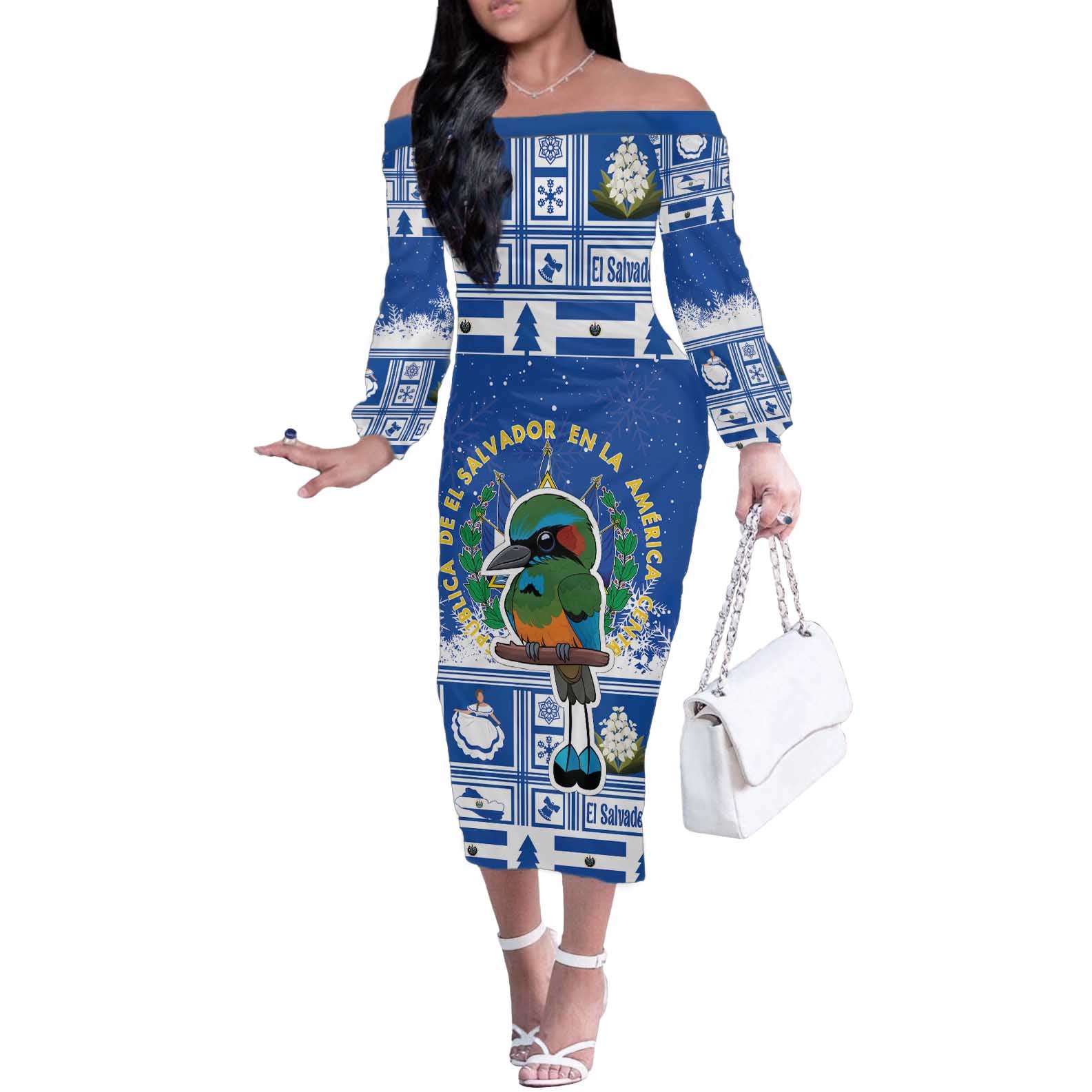 El Salvador Christmas Off The Shoulder Long Sleeve Dress The Torogoz Cartoon With Coat Of Arms - Wonder Print Shop