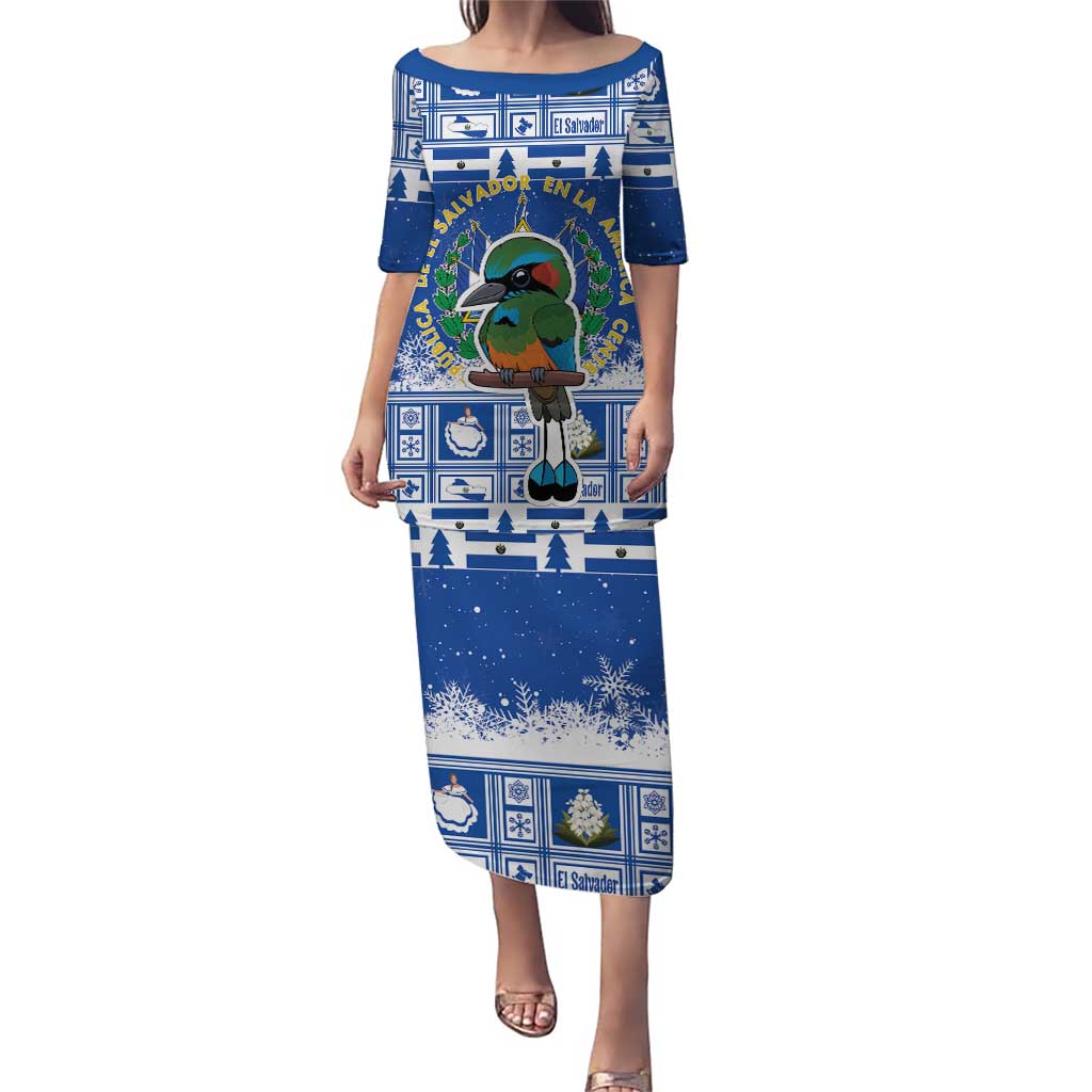 Blue long dress with festive cartoon bird and coat of arms print, short sleeves