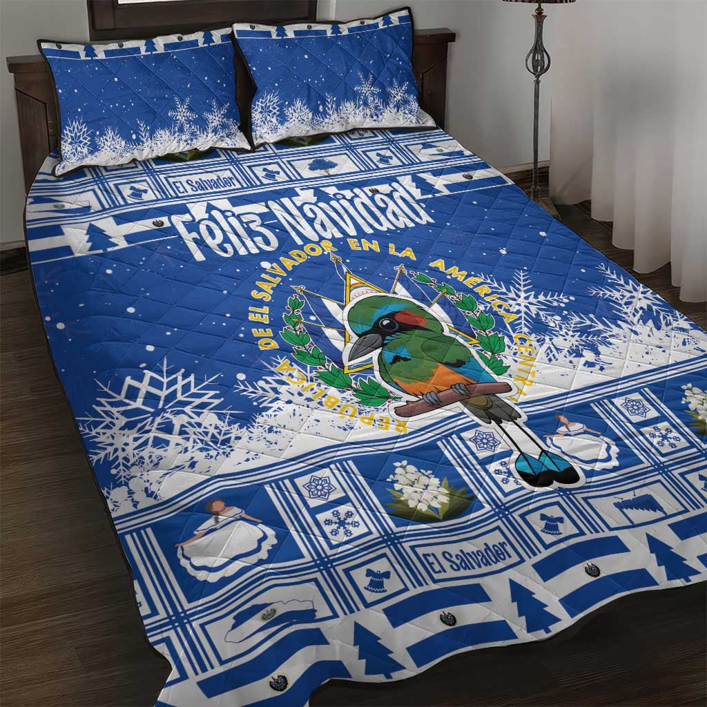 Blue Christmas quilt bed set with cartoon bird, coat of arms, snowflake tile pattern