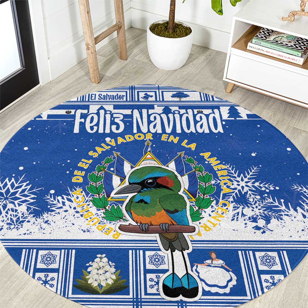 Blue round Christmas carpet with cartoon parrot and 'Feliz Navidad' text