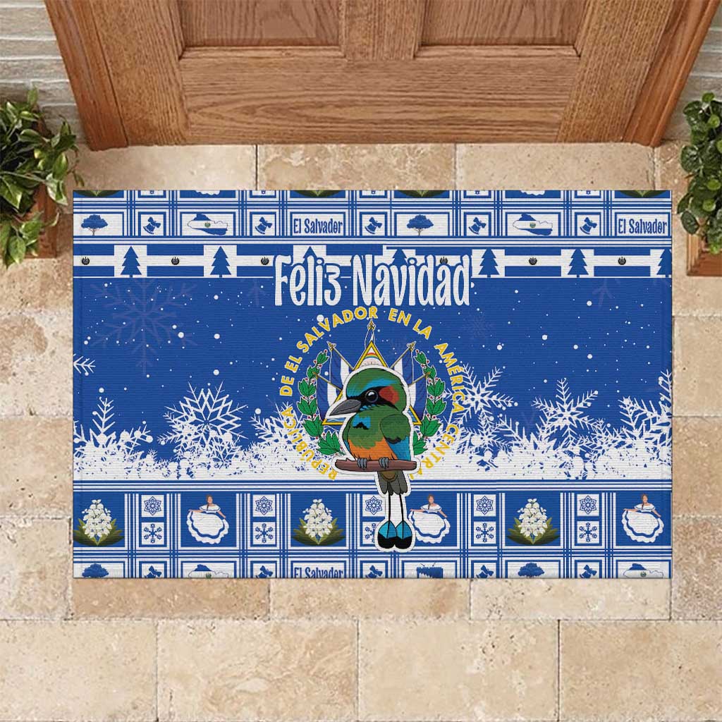 Blue Christmas rubber doormat with cartoon bird, coat of arms, snowflakes and text