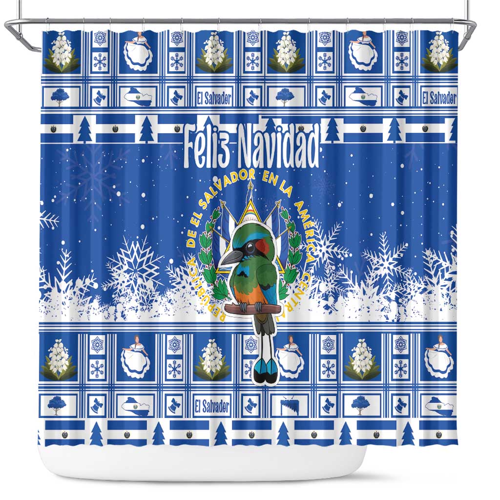 Blue Christmas shower curtain with cartoon bird, snowflakes, and Feliz Navidad lettering