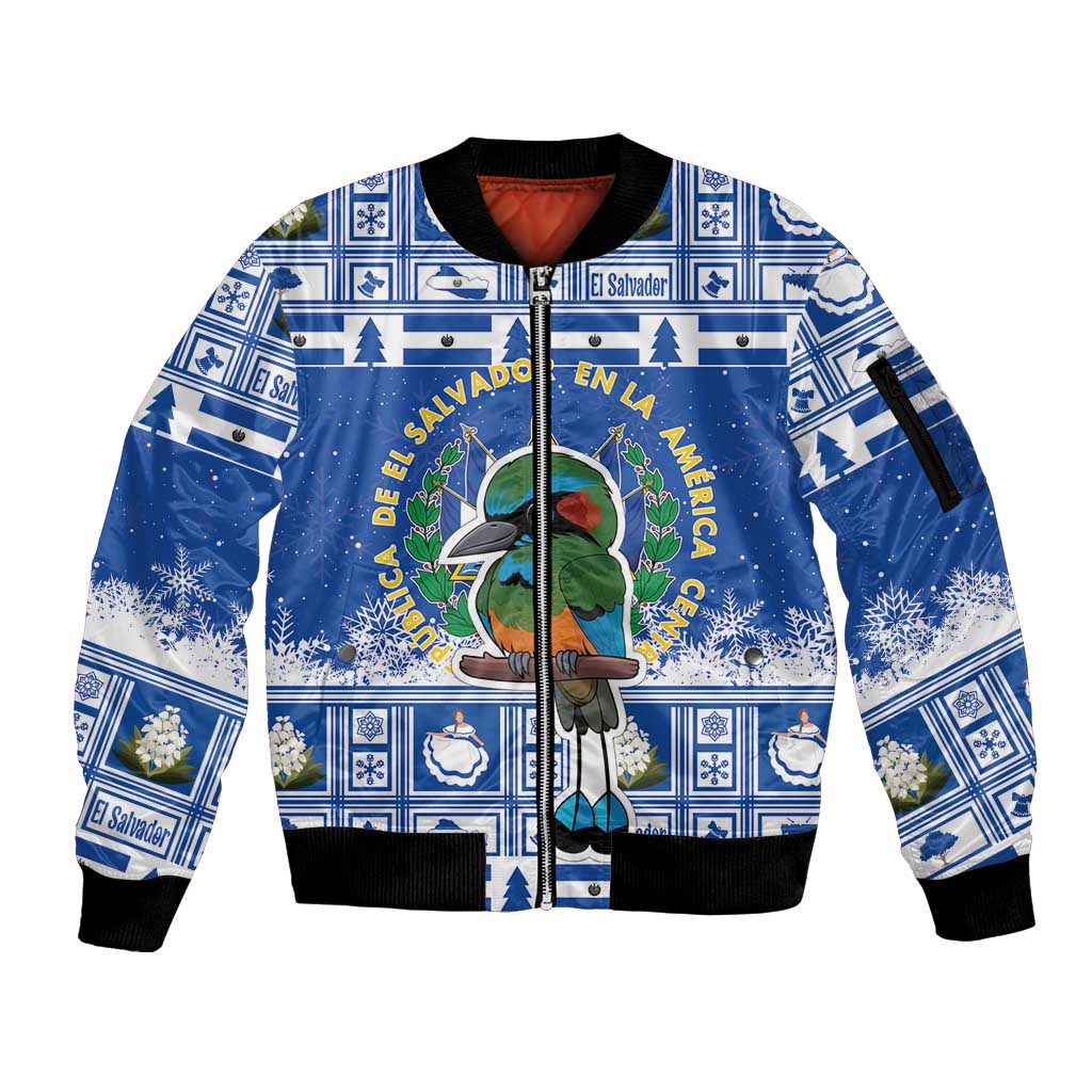 Blue zip-up bomber jacket with ribbed cuffs and festive coat-of-arms graphic