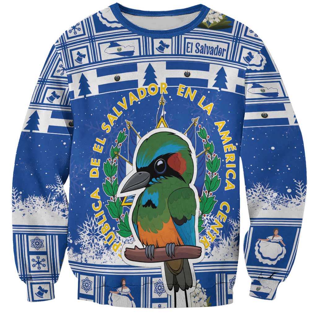 Blue unisex Christmas sweatshirt with parrot graphic and El Salvador crest on front