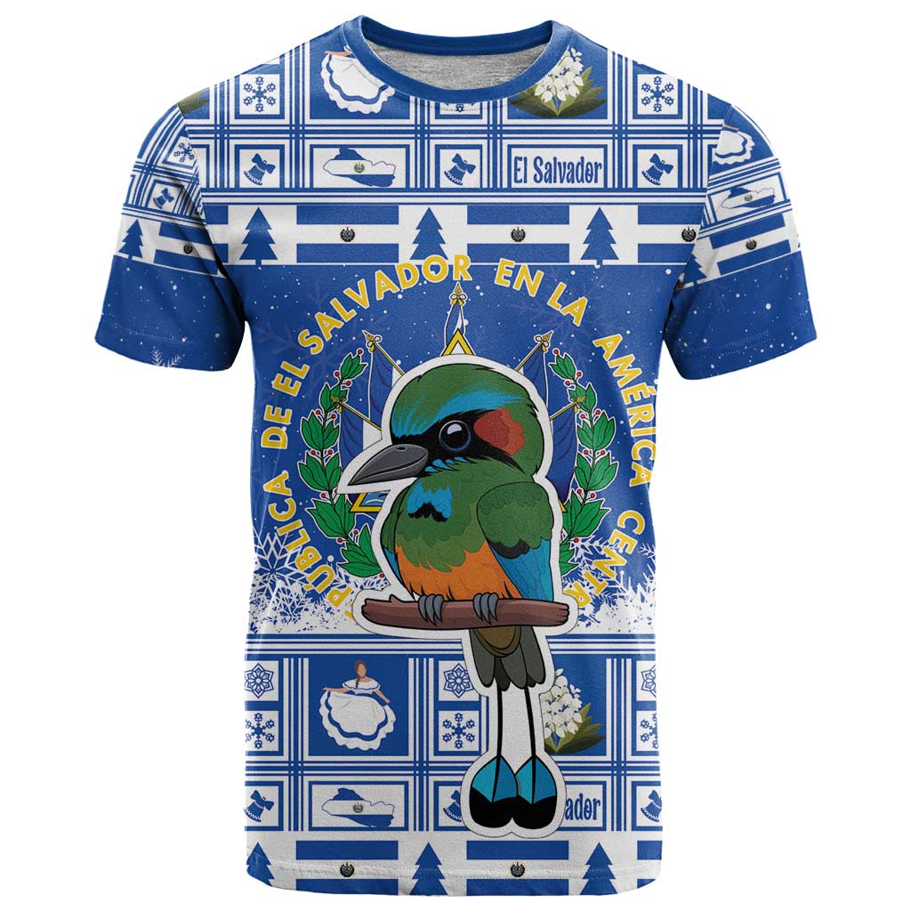 Blue Christmas graphic T-shirt with cartoon bird and El Salvador coat of arms print